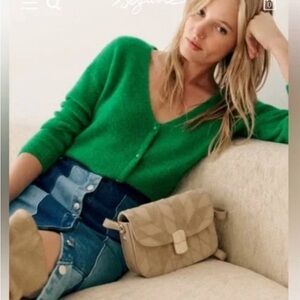 Sezane Bright Green V-Neck Button Cardigan